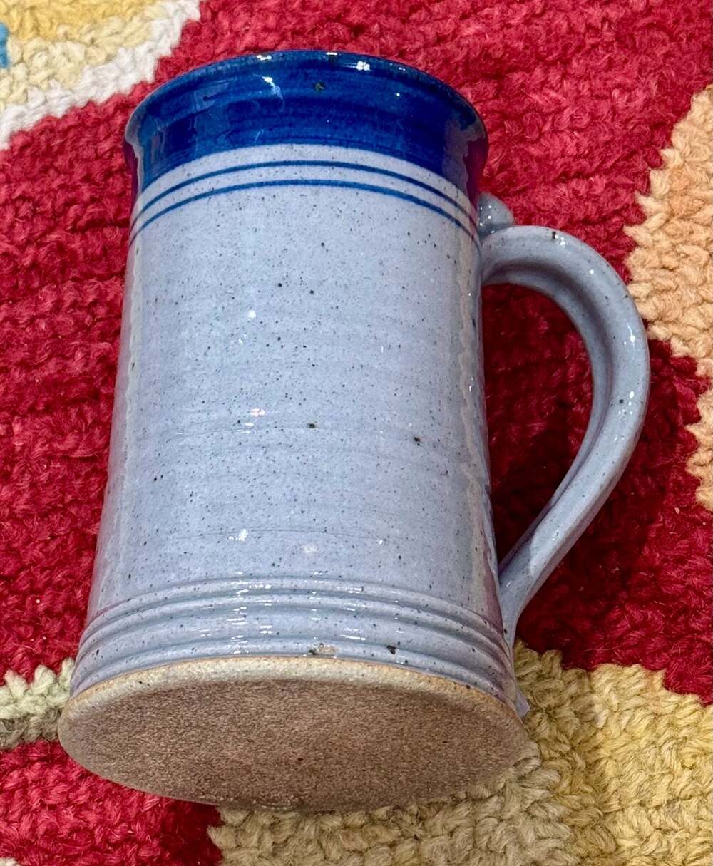 Vintage Hand-Thrown Salt Glazed Stoneware Beer Stein Mug, Blue and Speckled Gray